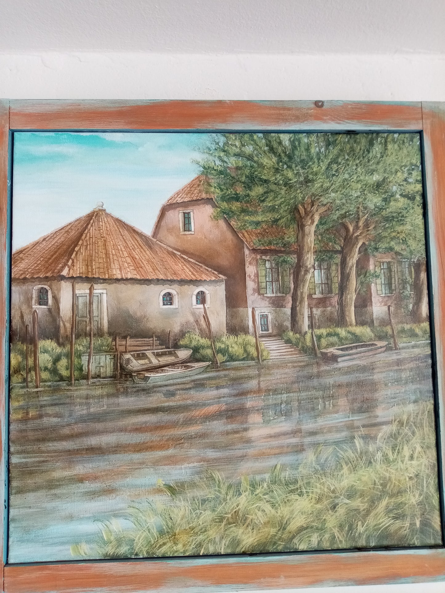 Contemporary reflection painting with handmade frame