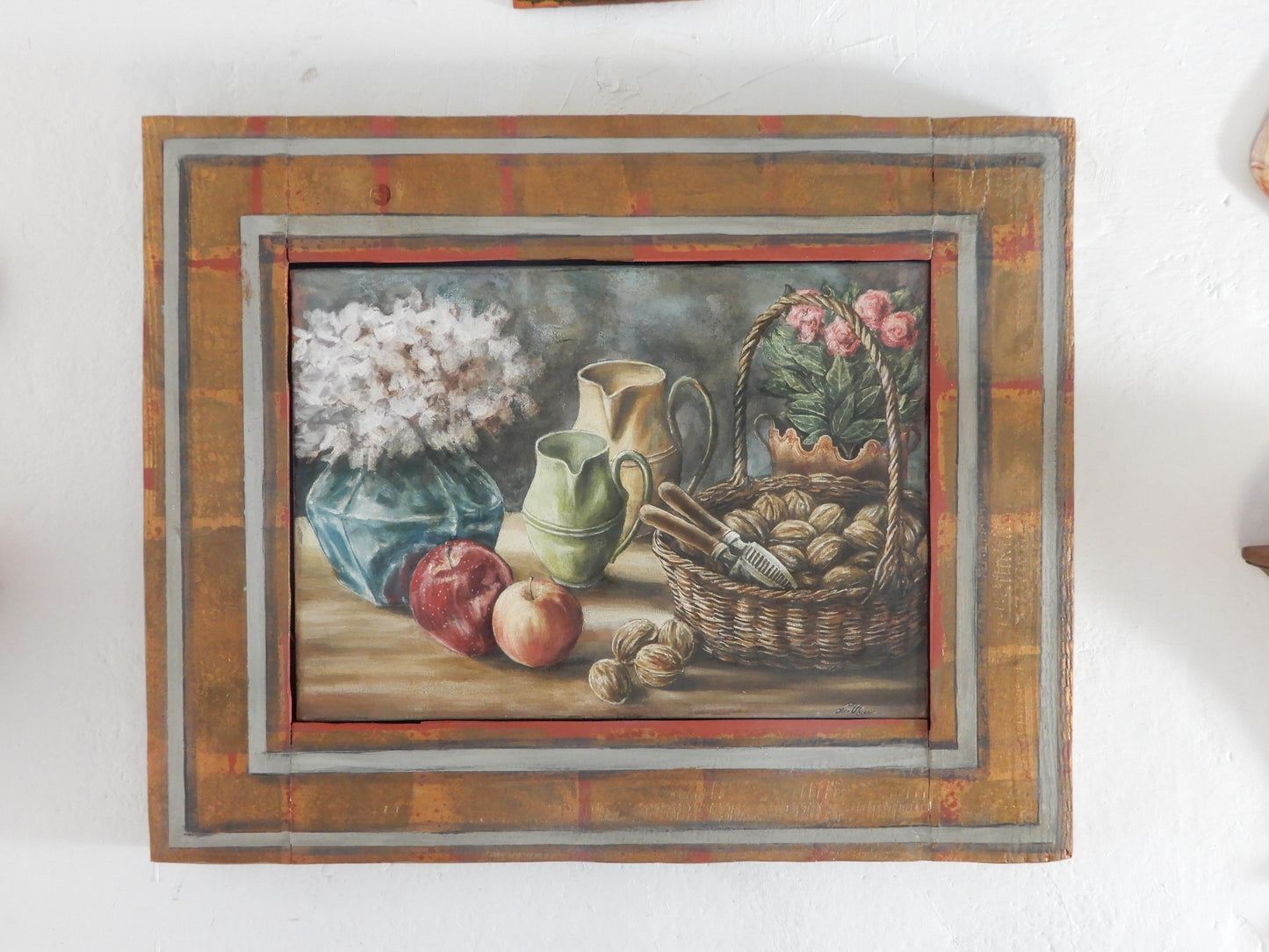 quadro, natura morta olio e acrilico, arte figurativa, con mele e noci, Casal dei Pruni Déco, arte figurativa contemporanea