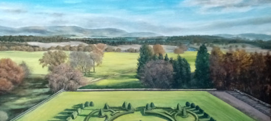 Dettaglio texture pittorica Cielo di Scozia, veduta Castello Drumlanrig arte contemporanea