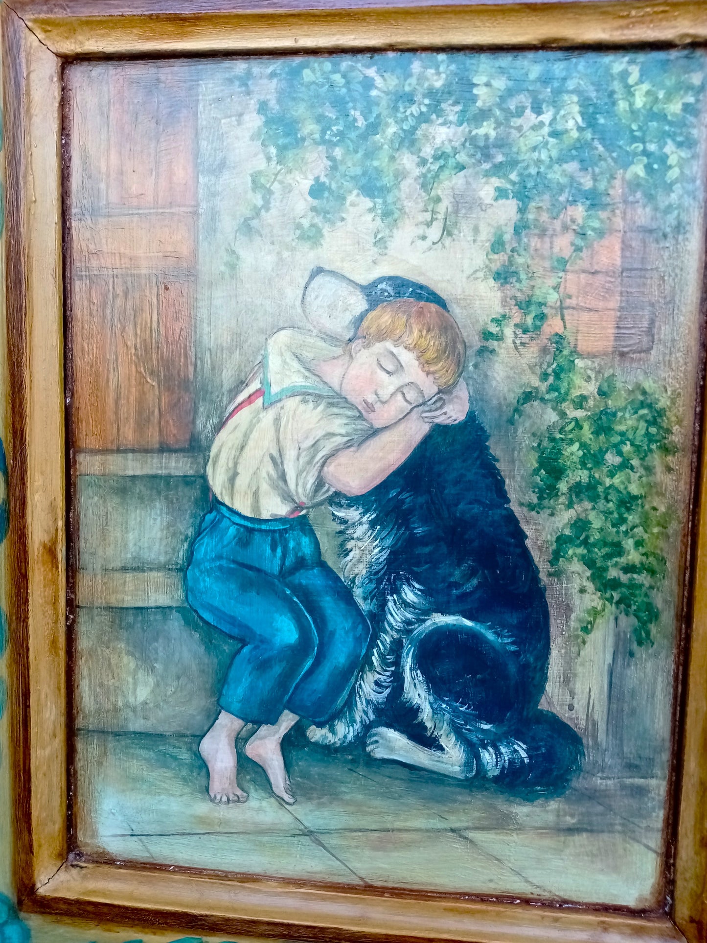 Particolare bambini abbracciano cagnolini - Decorazioni originali mobiletto antico