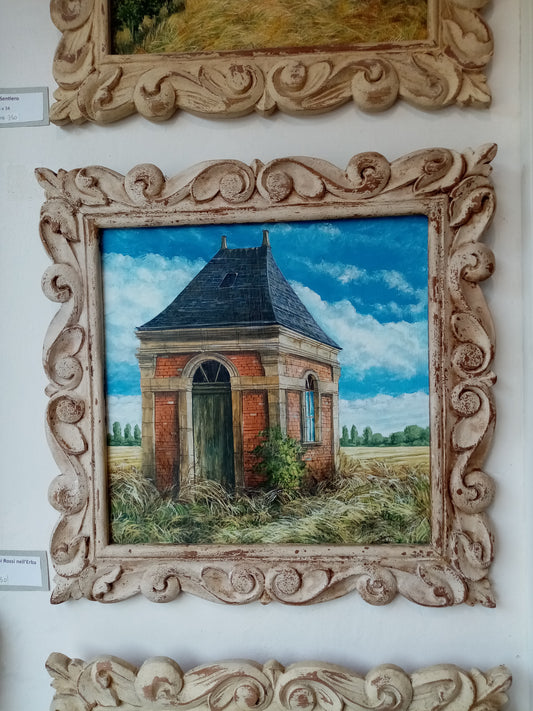 Dettaglio cornice, intagliata a mano, in legno, quadro si legno, lorenzo Usicco