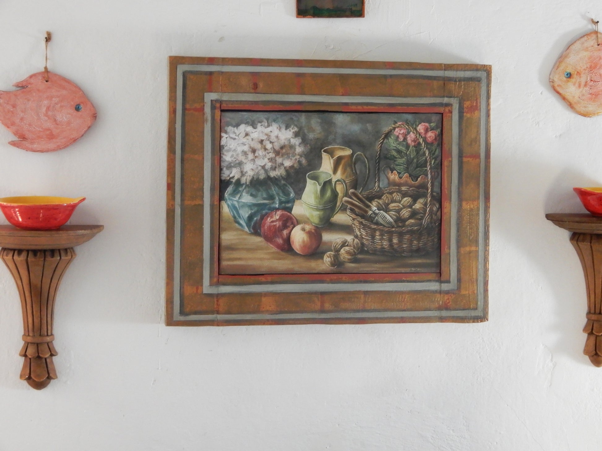 quadro, natura morta olio e acrilico, arte figurativa, con mele e noci, Casal dei Pruni Déco, arte figurativa contemporanea