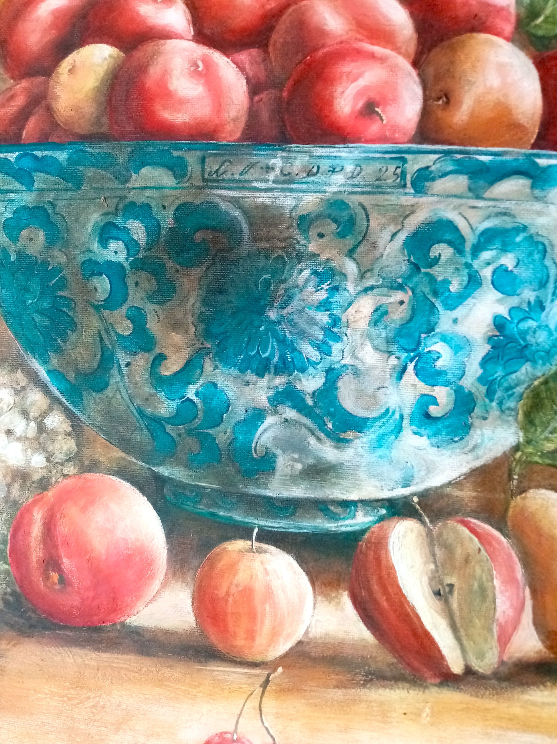 uno dei due quadri Raggi di Luce con cornice artigianale, venduti insieme, natura morta con frutta. 