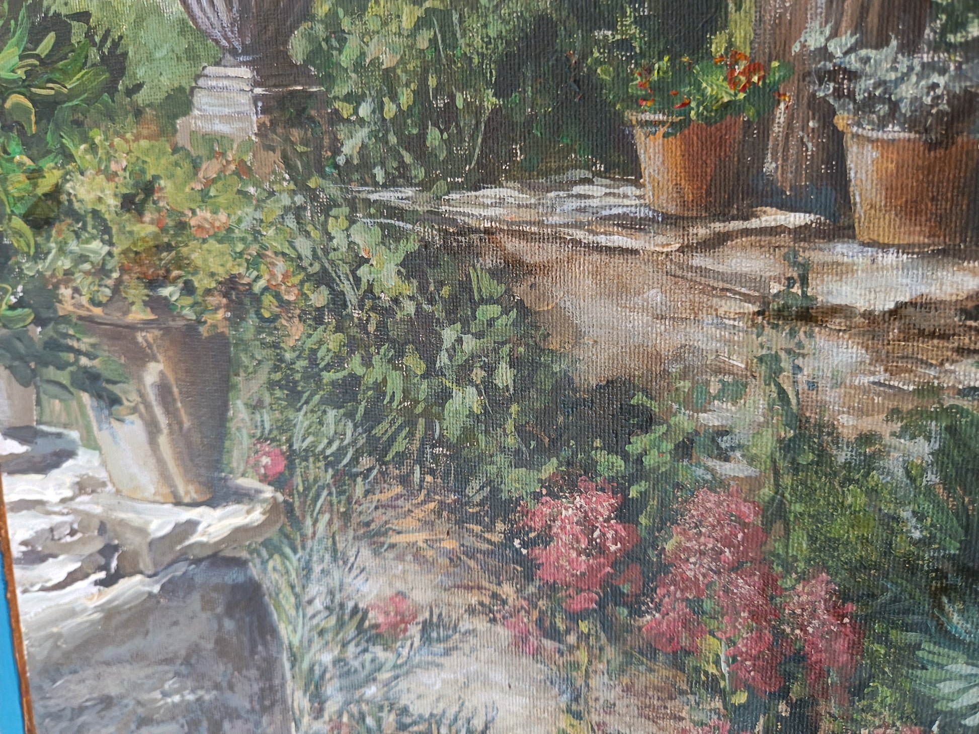Dettaglio luci di paesaggio su quadro di Lorenzo Usocco con titolo Giardino segreto 