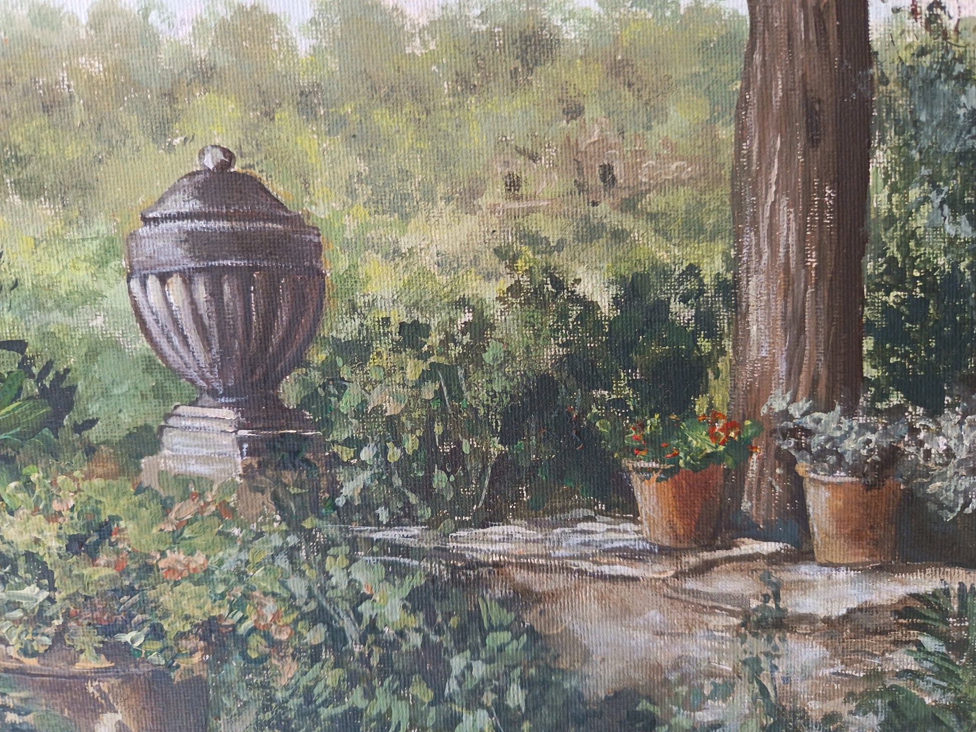 Dettaglio su piante e fiori del quadro Giardino segreto di Lorenzo Usicco 