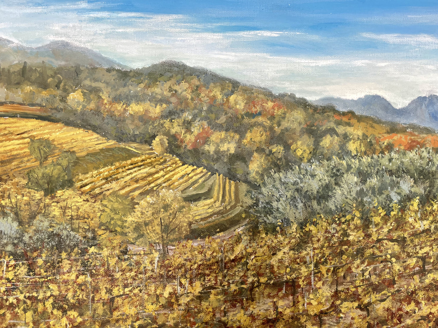 Filari d’Autunno, olio e acrilico su tela. Opera originale di Lorenzo Usicco, pittore veneziano, ispirata ai paesaggi dei Colli del Prosecco.