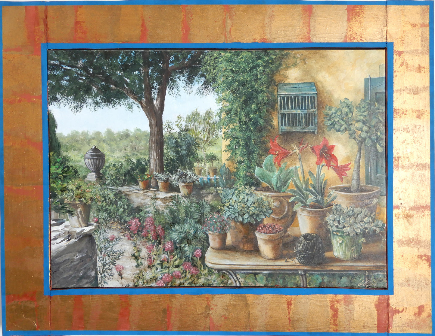 Dettaglio quadro Giardino Segreto, paesaggio Italiano, ricordi d'infanzia del Artista, Casa con paesaggio