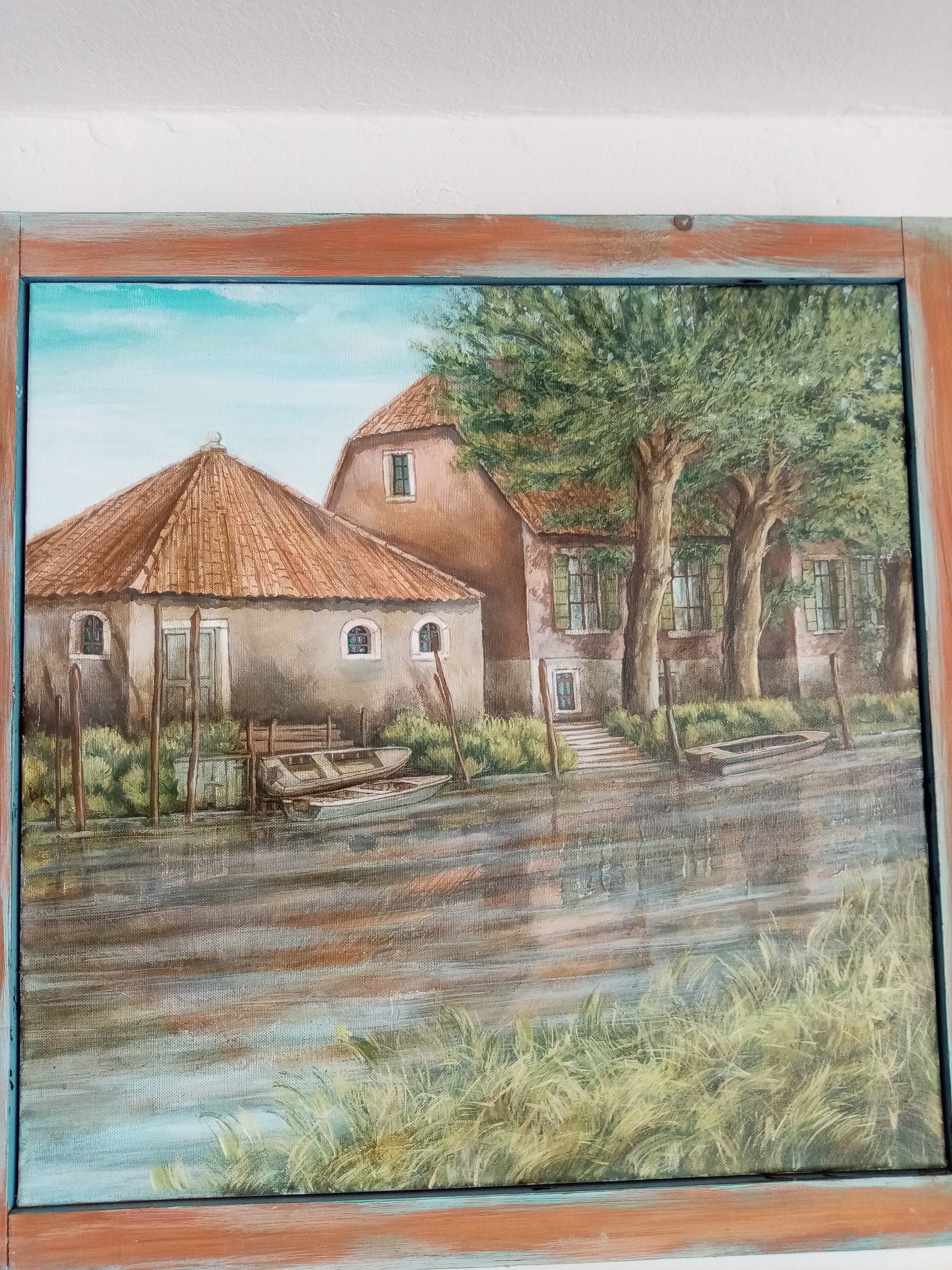 Contemporary reflection painting with handmade frame