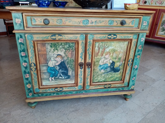 Mobiletto credenzina famiglia fine 1800 - Mobile storico decorazioni bambini cagnolini