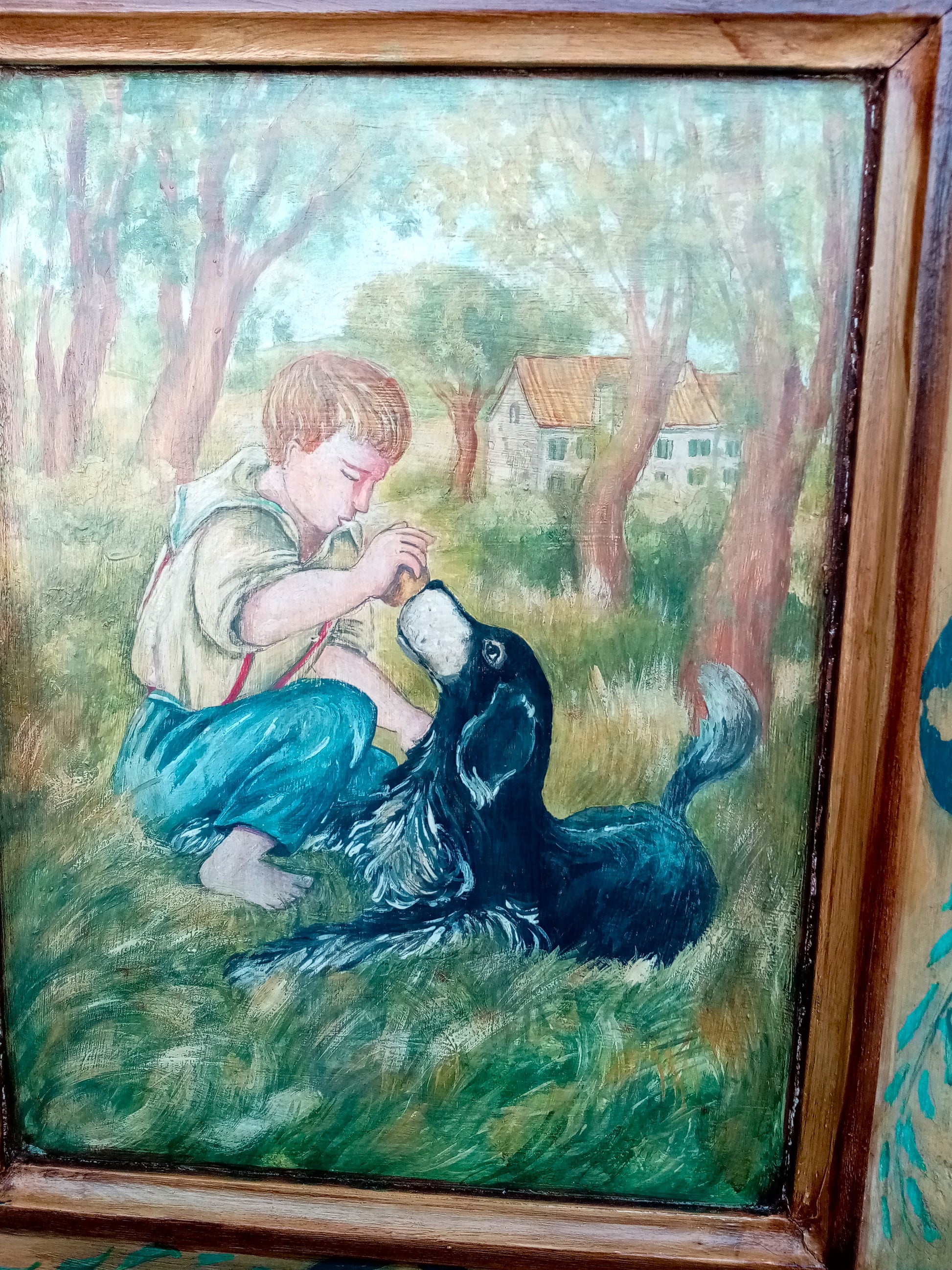 Mobiletto decorato con  bambino gioca con cane, credenzina - Mobile famiglia epoca restaurato