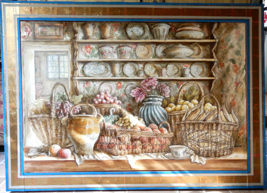 Detail of the painting Window on the Garden, visible brush strokes and textures, quadro unico, dipinto d'arte con natura morta