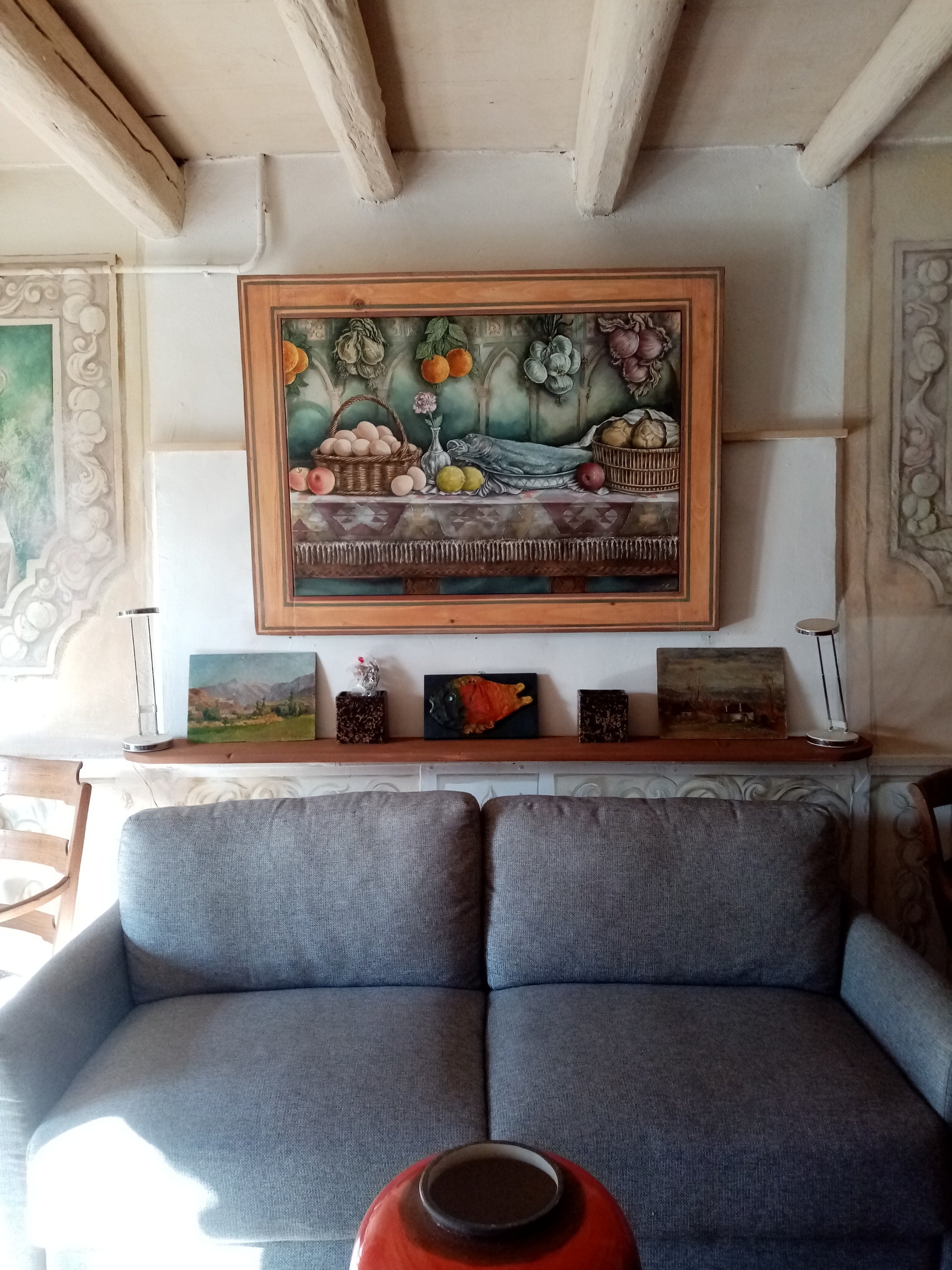 quadro unico dipinto a mano di lorenzo Usicco , con raffigurata frutta legumi e pesce, pezzo unico 