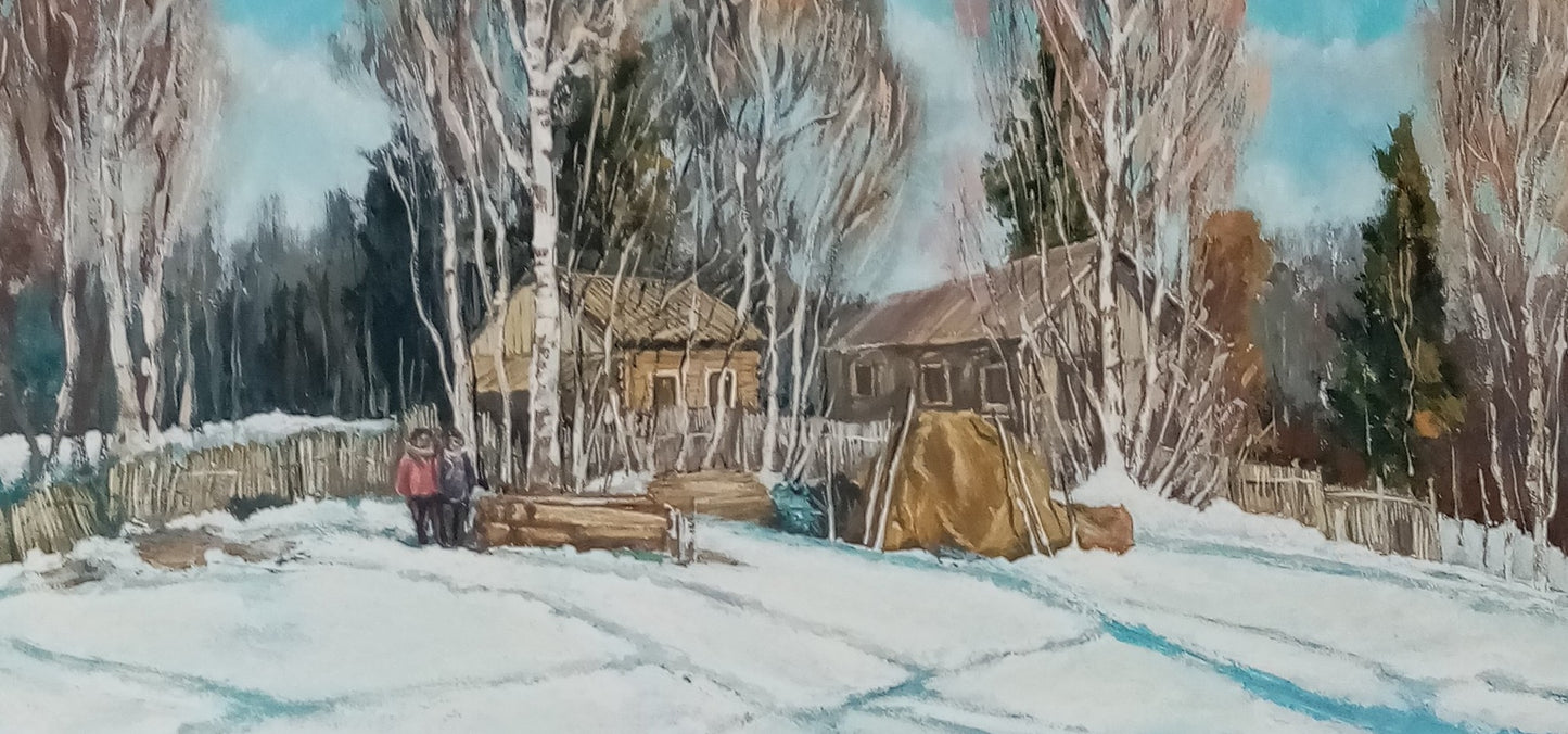 dettaglio del quadro tra neve e cielo di Lorenzo Usicco, opera unica fatta a mano, arte italiana