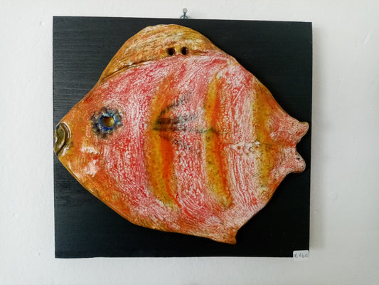 scultura con pesce palla, giallo rosso, fatta a mano doppia cottura a 1000° arte italiana pezzo unico poisson-globe,sculpture de poisson en céramique,ceramic fish sculpture