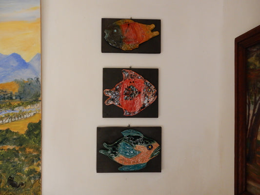 Pesci_in_ceramica_scultura_su_supporto_in_legno, foto espositiva pesce uncinetto , muso nero, prepotente