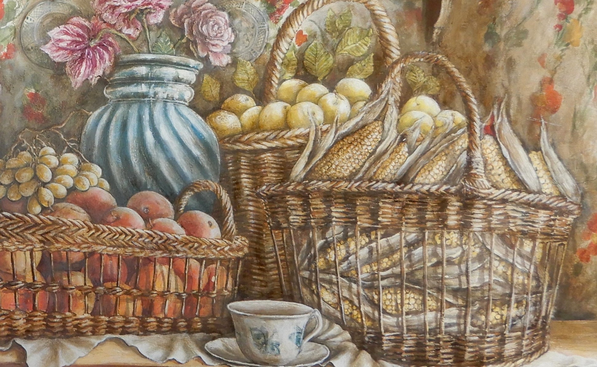 Dettaglio frutta, cesti, vaso, dipinta da Lorenzo Usicco, opera originale, Detail of fruit, baskets, vase, painted by Lorenzo Usicco, original work