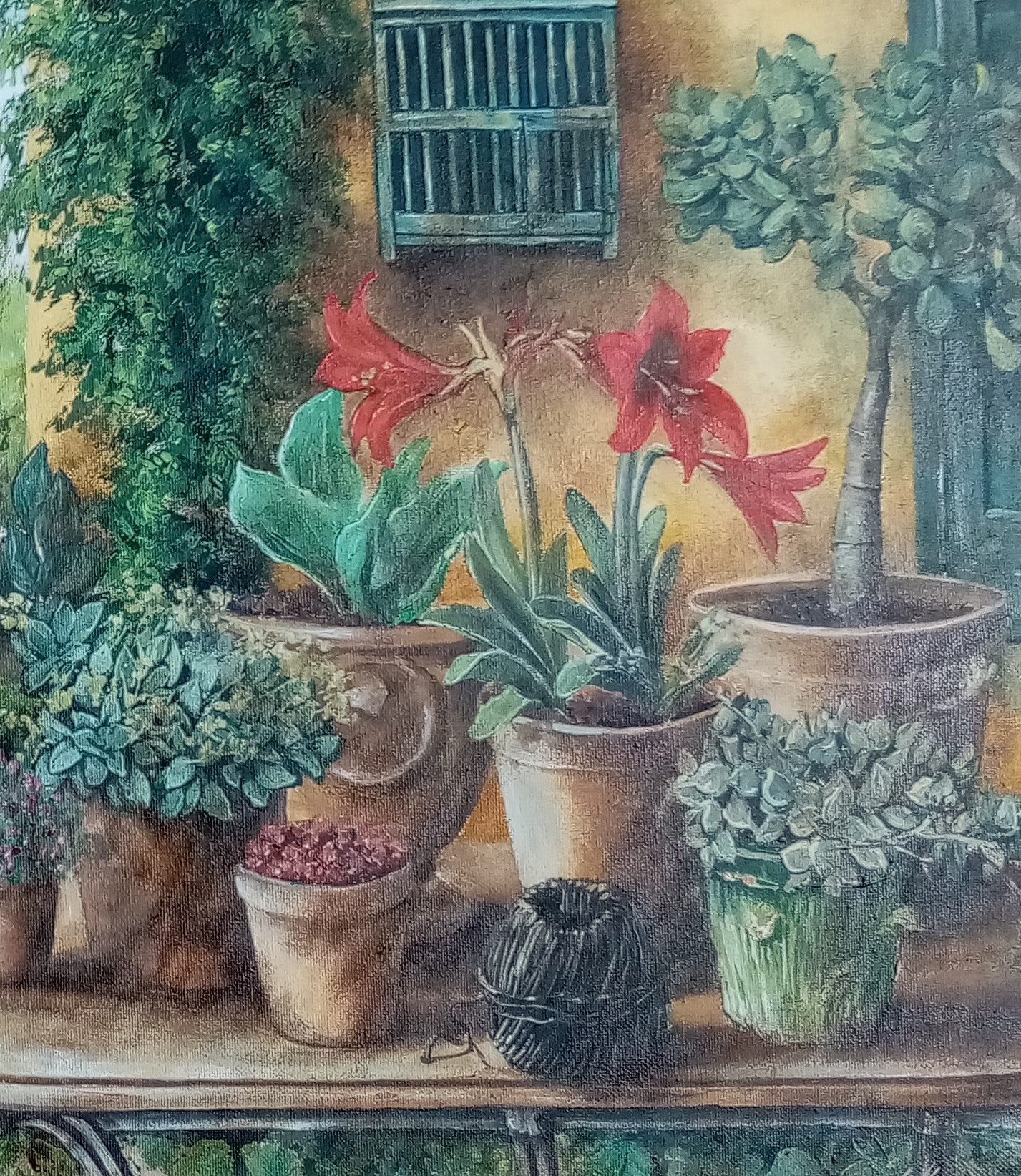 Dettaglio quadro Giardino Segreto, texture pennellate e colori, dettaglio di composizione.