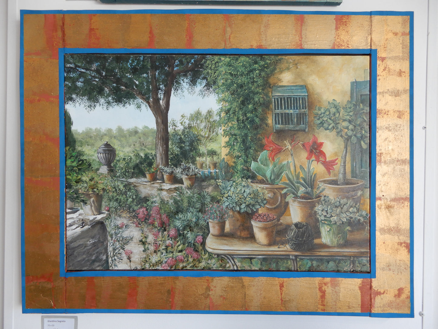 Dettaglio quadro Giardino segreto, con cornice in legno fatta a mano artigianalmente dall'artista, texture pennellate e colori"