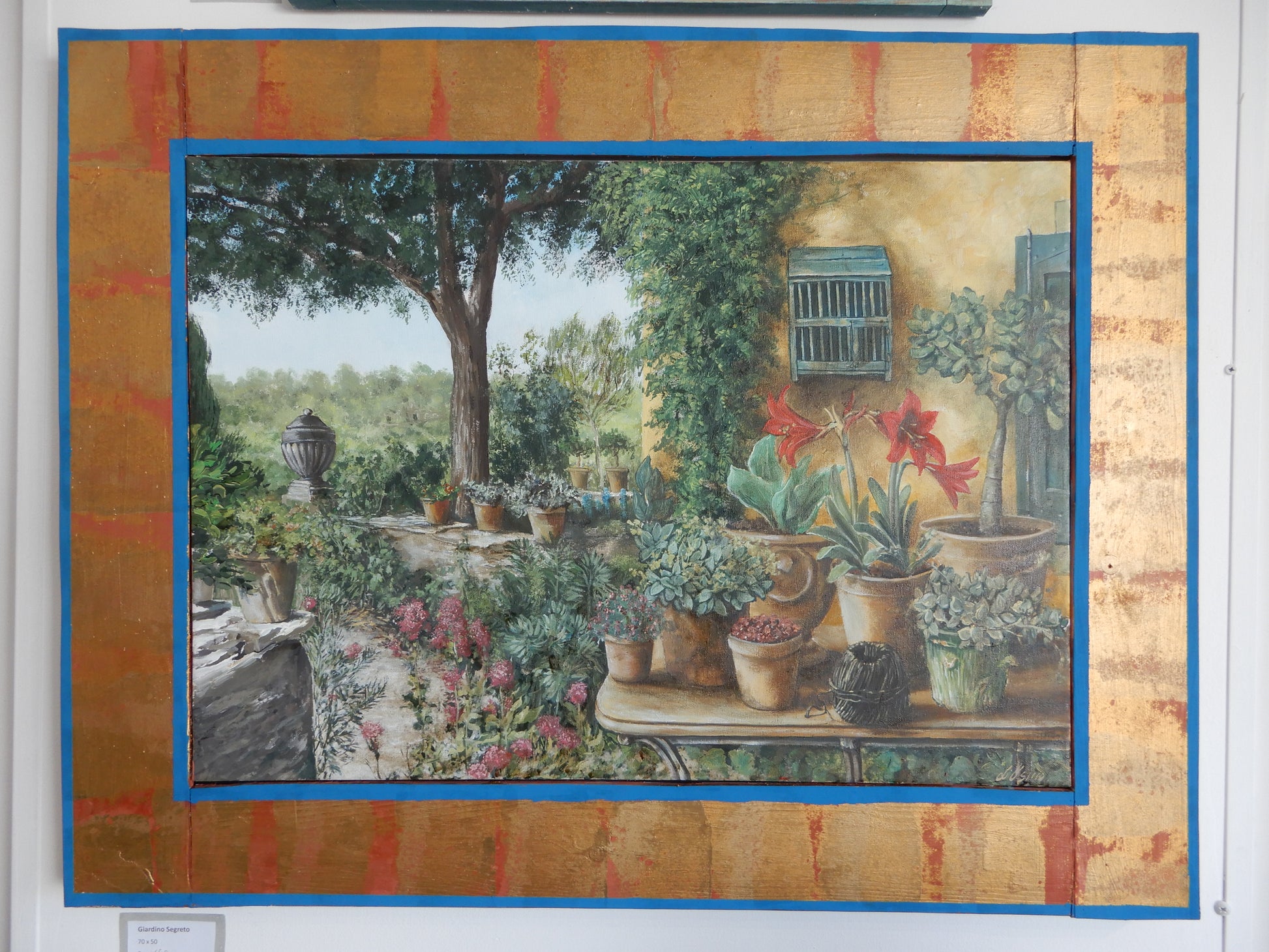 Dettaglio quadro Giardino segreto, con cornice in legno fatta a mano artigianalmente dall'artista, texture pennellate e colori"