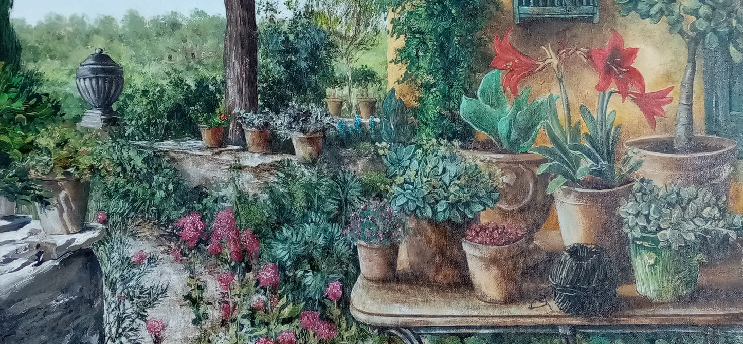 Dettaglio quadro Giardino Segreto, texture pennellate e colori, paesaggio vasi con piante dettaglio sul paesaggio
