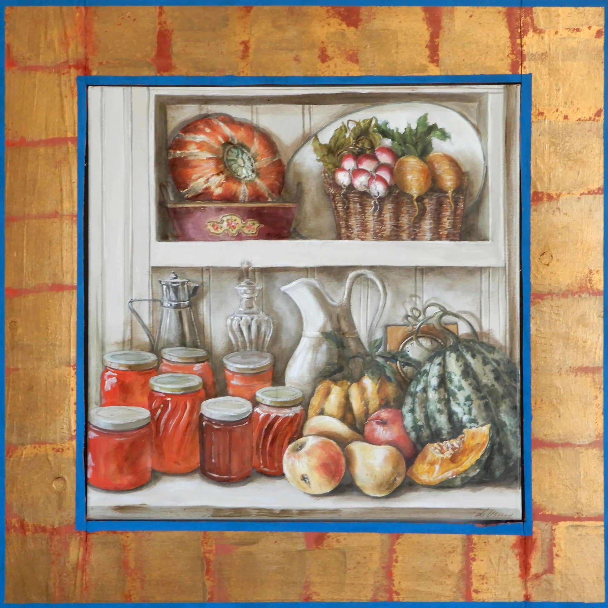 "Dettaglio quadro Le Marmellate, texture pennellate visibili, con cornice in legno fatta a mano