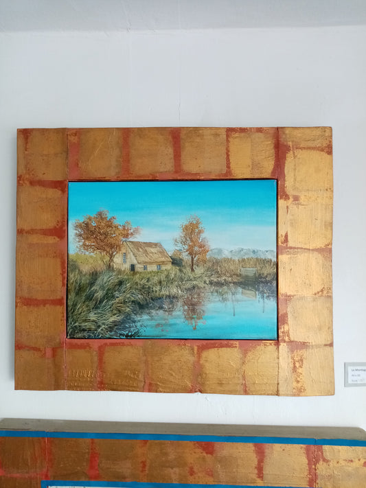 con cornice quadro con montagne dipinte olio e acrilico