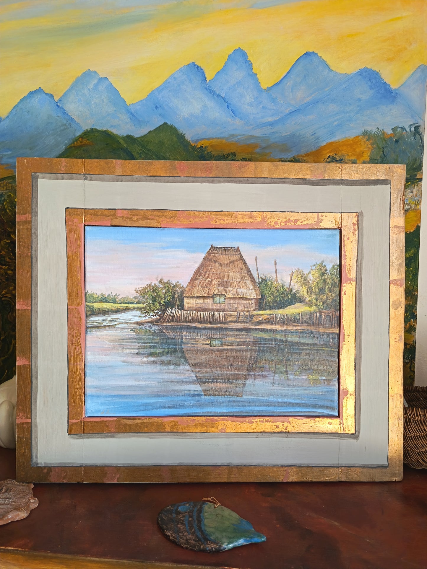 Quadro casoni in laguna di Lorenzo Usicco, paesaggio con cornice fatta a mano artigianalmente dall'Artista