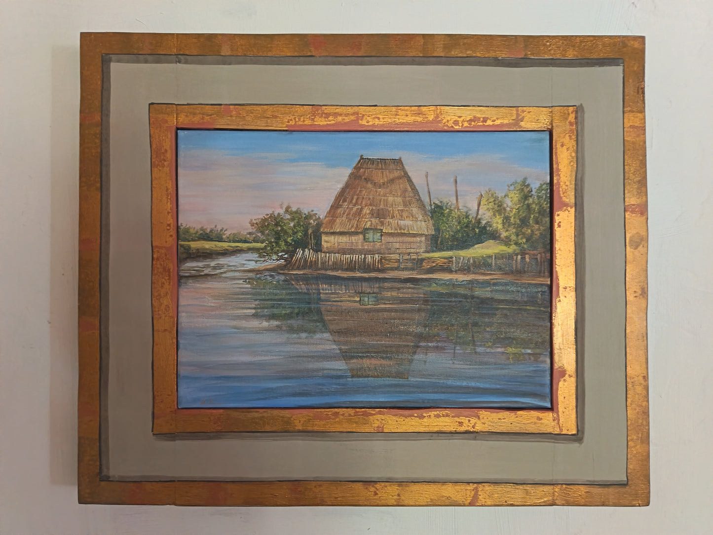 Quadro con paesaggio Lagunare di Lorenzo Usicco proposto da Art Studio Casal dei Pruni Dèco con cornice artigianale fatta a mano dall'artista 