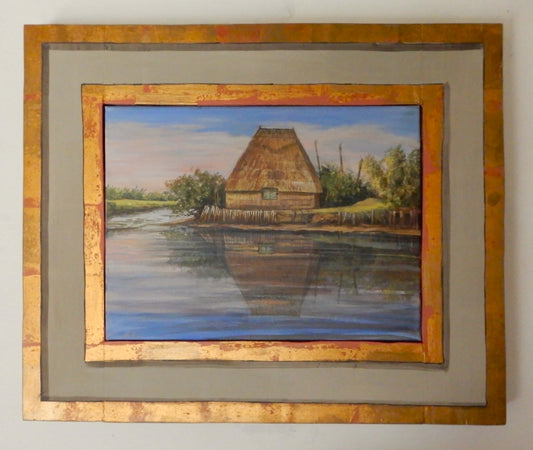 Quadro_con_paesaggio_di_Lorenzo_Usicco, casoni in aguna, quadro contemporaneo figurativo 