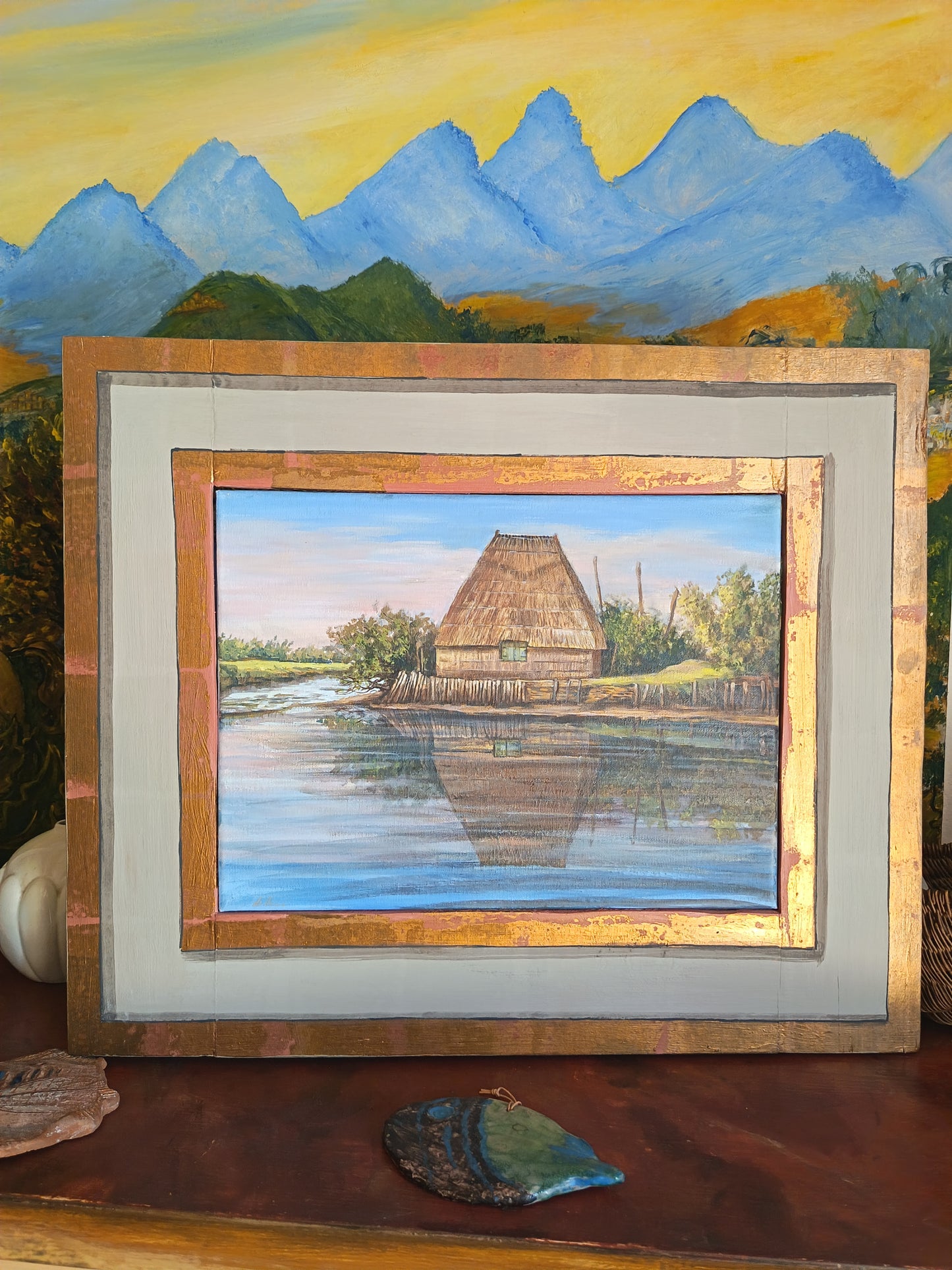 Quadro con paesaggio di Lorenzo Usicco casoni in Laguna tipiche abitazioni rurali tradizionali venete
