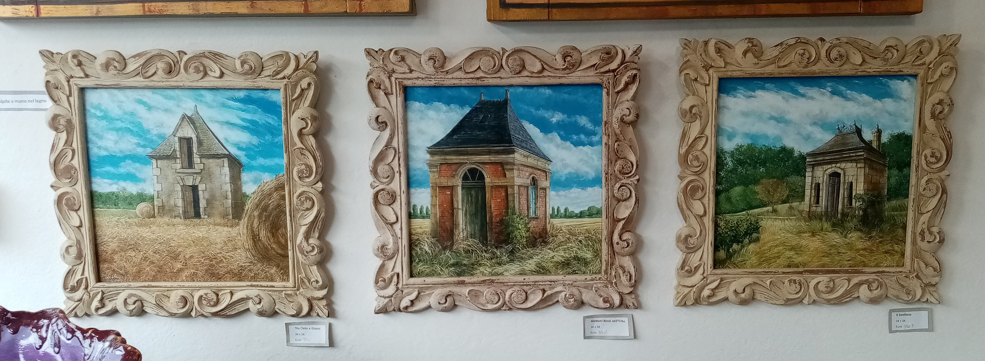 Tris di quadri in legno dipinti da Lorenzo Usicco, campagna della Loira con cornici artigianali