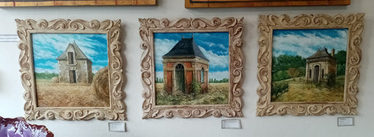 Tris di quadri in legno dipinti da Lorenzo Usicco, campagna della Loira con cornici artigianali