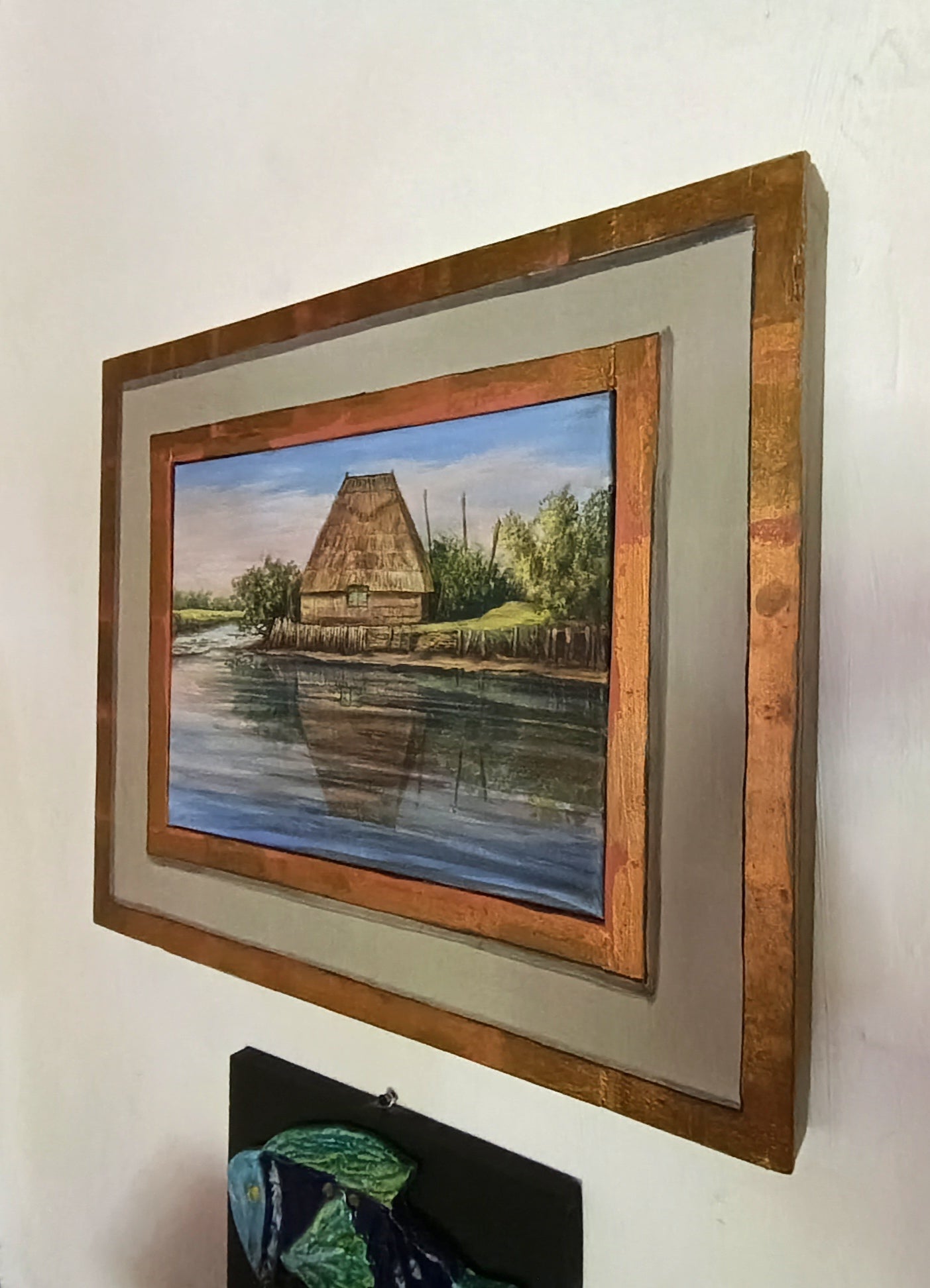 Veduta laterale con cornice artigianale di quadro con paesaggio Lagunare di Lorenzo Usicco, proposto da Art Studio Casal dei Pruni Dèco 