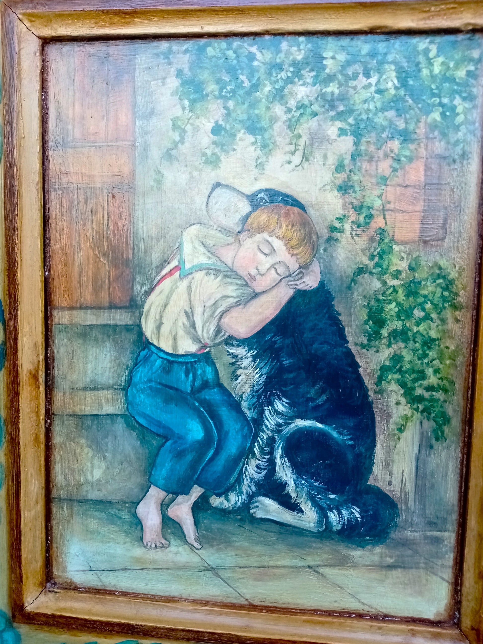 Particolare bambini abbracciano cagnolini - Decorazioni originali mobiletto antico