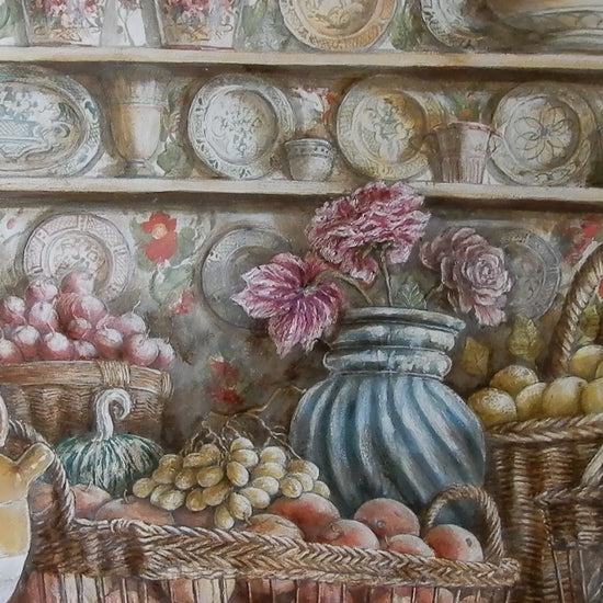 Detail of the painting Window on the Garden, visible brush strokes and textures, unique nature, one month to create it,Dettaglio quadro Finestra sul Giardino, pennellate e texture visibili, natura mrta unica un mese di tempo per relaizzarla