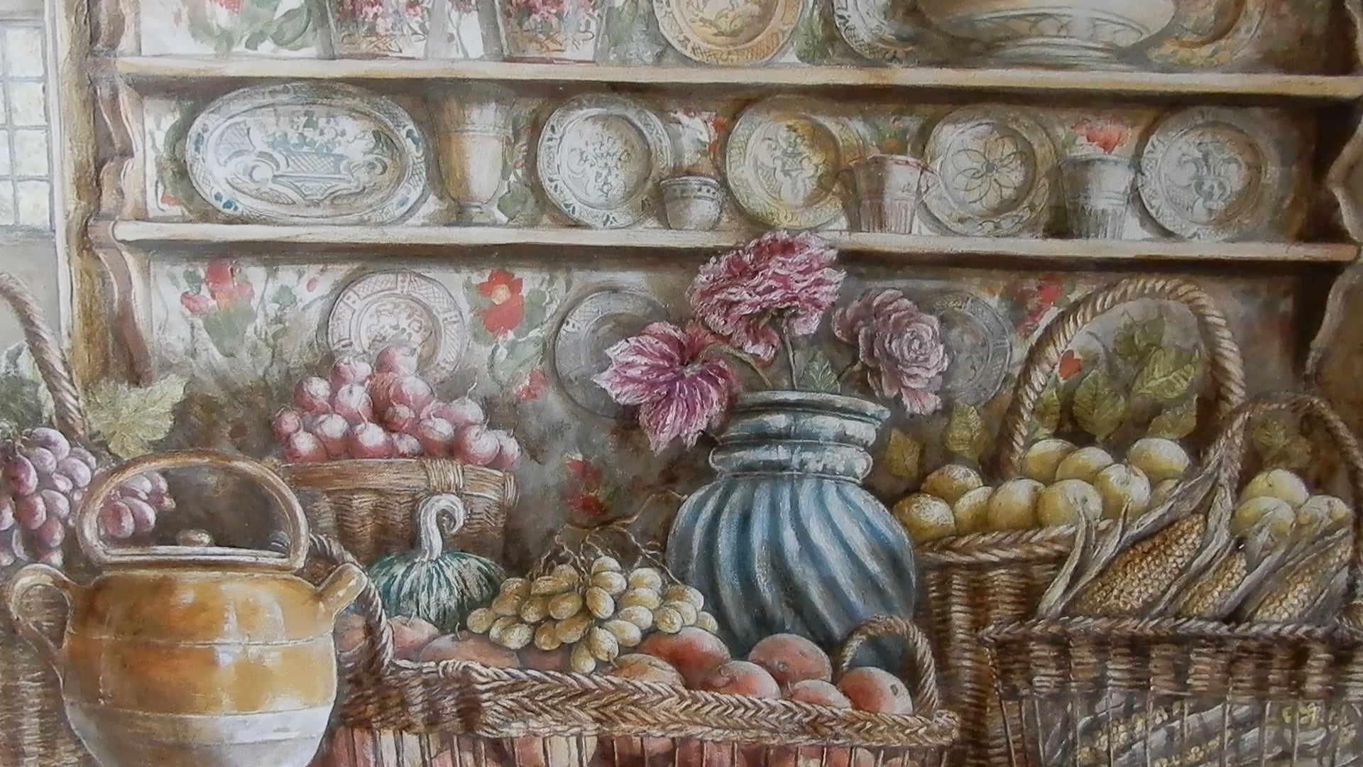 Detail of the painting Window on the Garden, visible brush strokes and textures, unique nature, one month to create it,Dettaglio quadro Finestra sul Giardino, pennellate e texture visibili, natura mrta unica un mese di tempo per relaizzarla