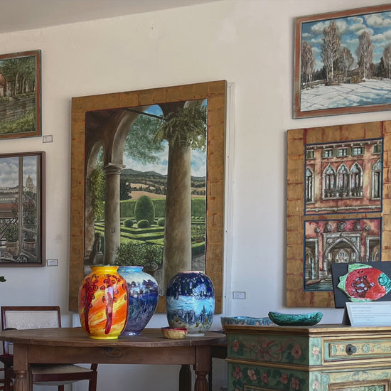 Sotto le arcate, olio e acrilico su tela opera unica arte italiana, giardino all'italiana
