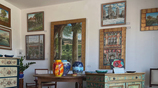 Sotto le arcate, olio e acrilico su tela opera unica arte italiana, giardino all'italiana