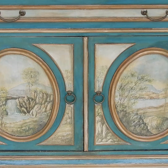credenza con dipinti veneziani soggetti rupestri, arte italiana mobile dipinto  a mano