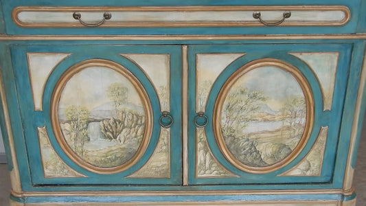 credenza con dipinti veneziani soggetti rupestri, arte italiana mobile dipinto  a mano