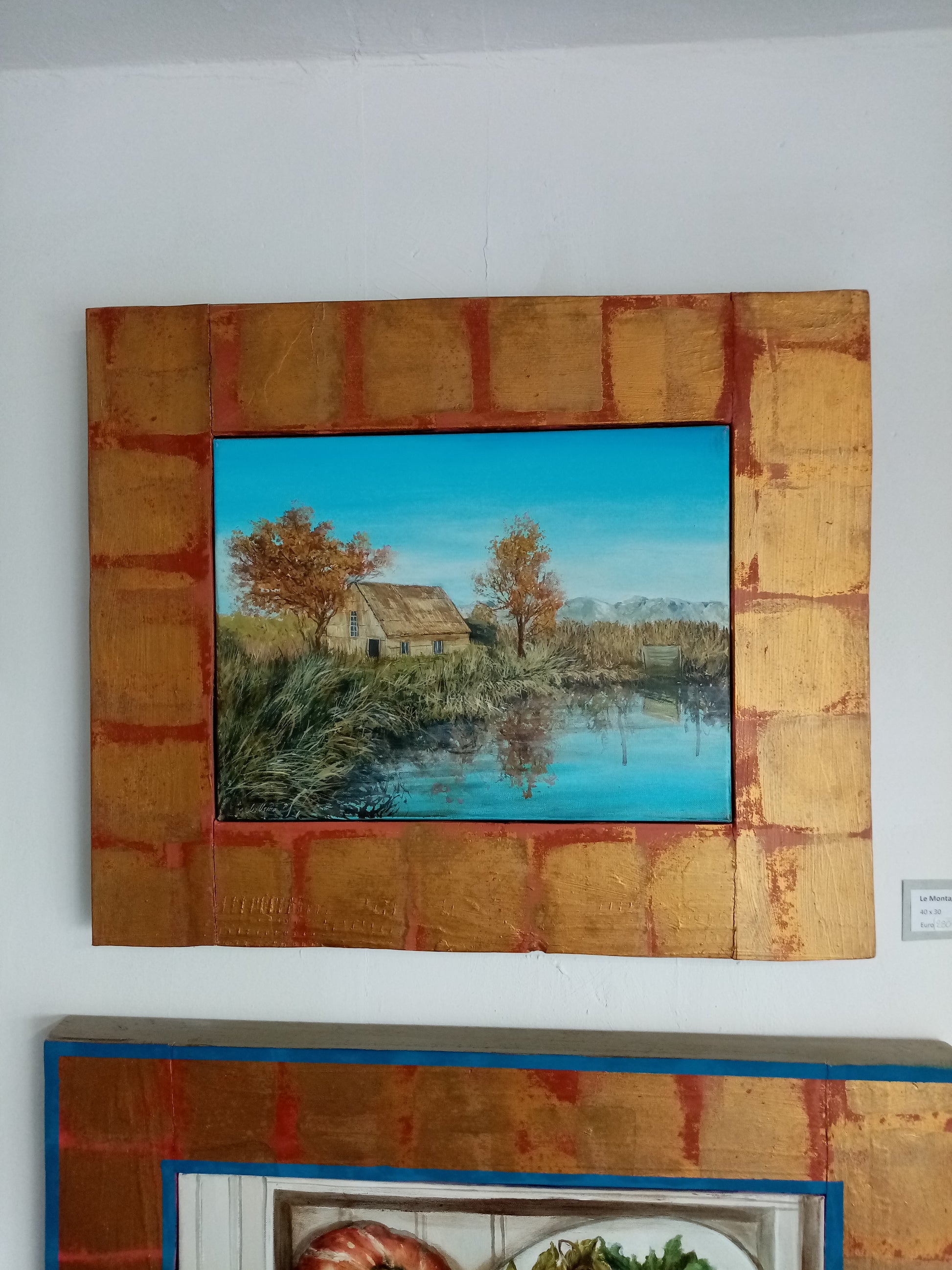 Quadro con laguna e Montagne incorniciato, arte italiana contemporanea