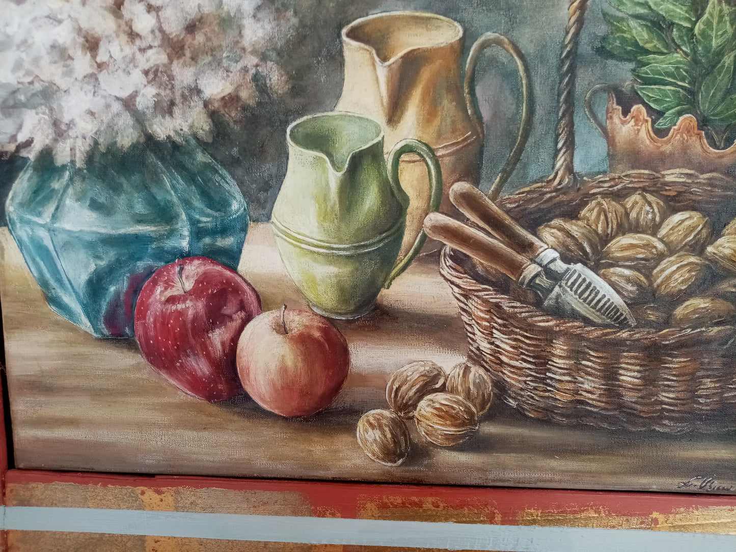 quadro le mele e le noci, olio e acrilico dettaglio, quadro unico firmato, opera realizzata da Lorenzo Usicco, Casal dei pruni déco