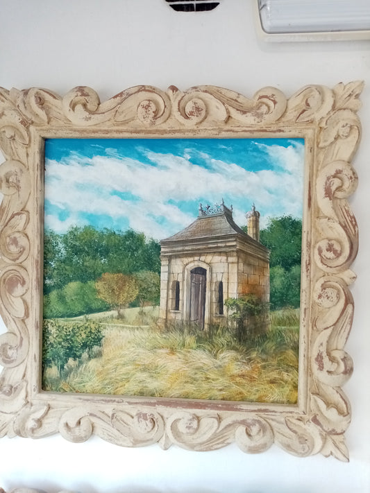 Dettaglio cornice intagliata a mano per tris quadri campagna della Loira, quadro sentiero 