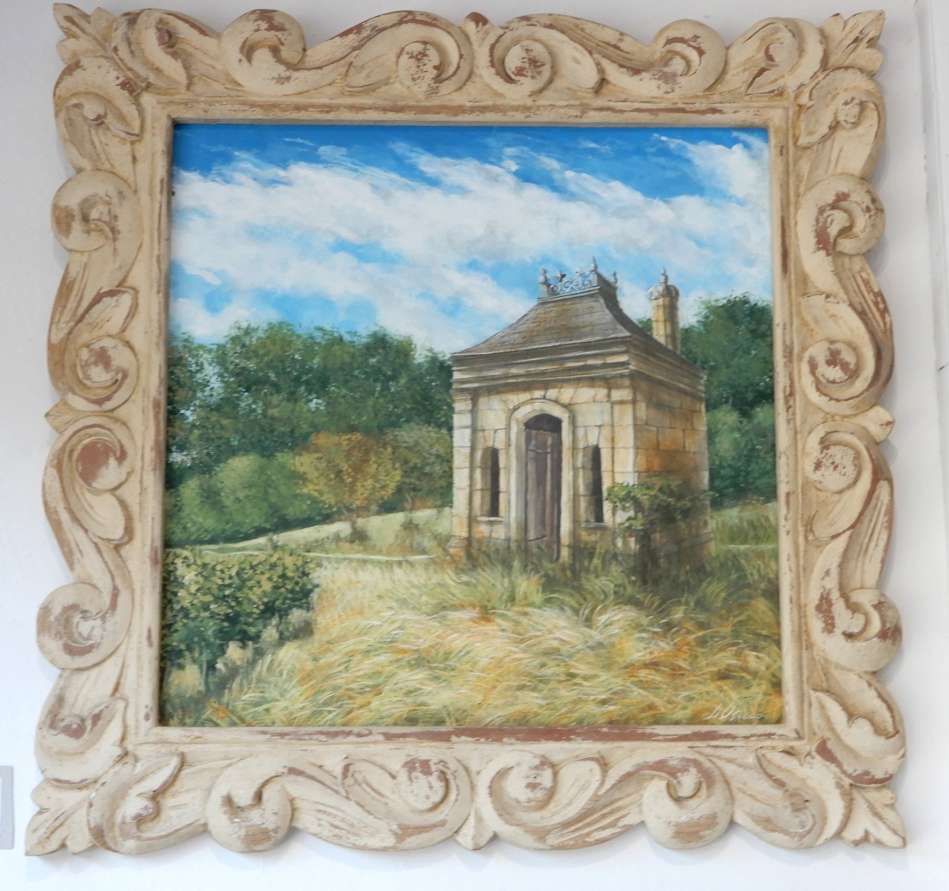 uno di 3 quadri ,il sentiero, cornice intagliata in legno, paesaggio della Loira, artista Lorenzo Usicco 