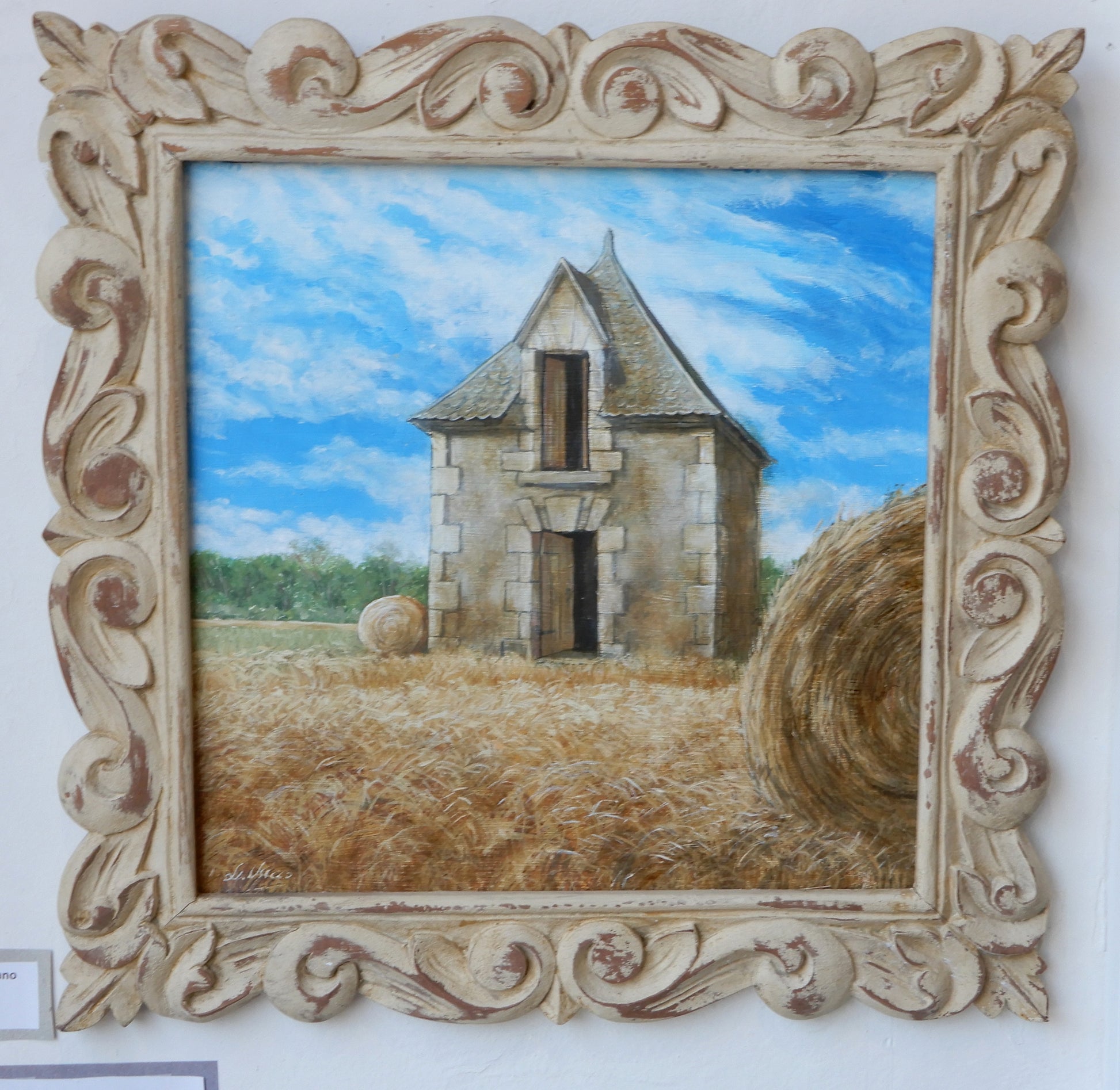 uno di 3 quadri, paesaggio, cornice intagliata in legno, paesaggio della Loira, cielo e grano, artista Lorenzo Usicco
