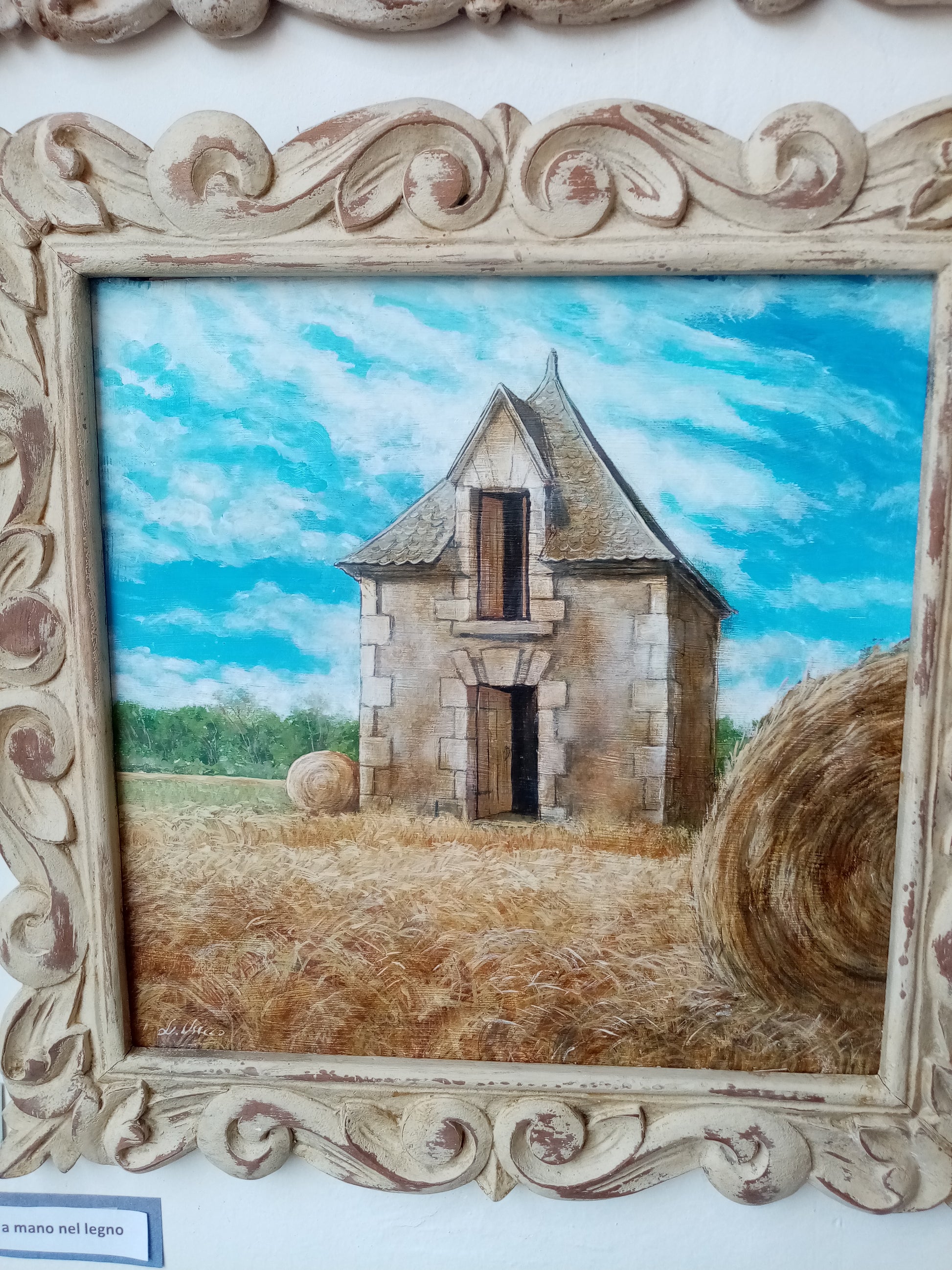 uno di 3 quadri ,paesaggio romantico, dettaglio, cornice intagliata in legno, paesaggio della Loira, artista Lorenzo Usicco