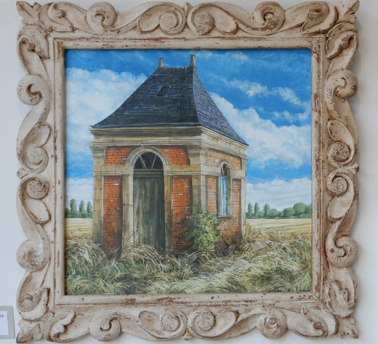 uno di 3 quadri ,i, cornice intagliata in legno, paesaggio della Loira, artista Lorenzo Usicco, casa con mattoni rossi e paesaggio