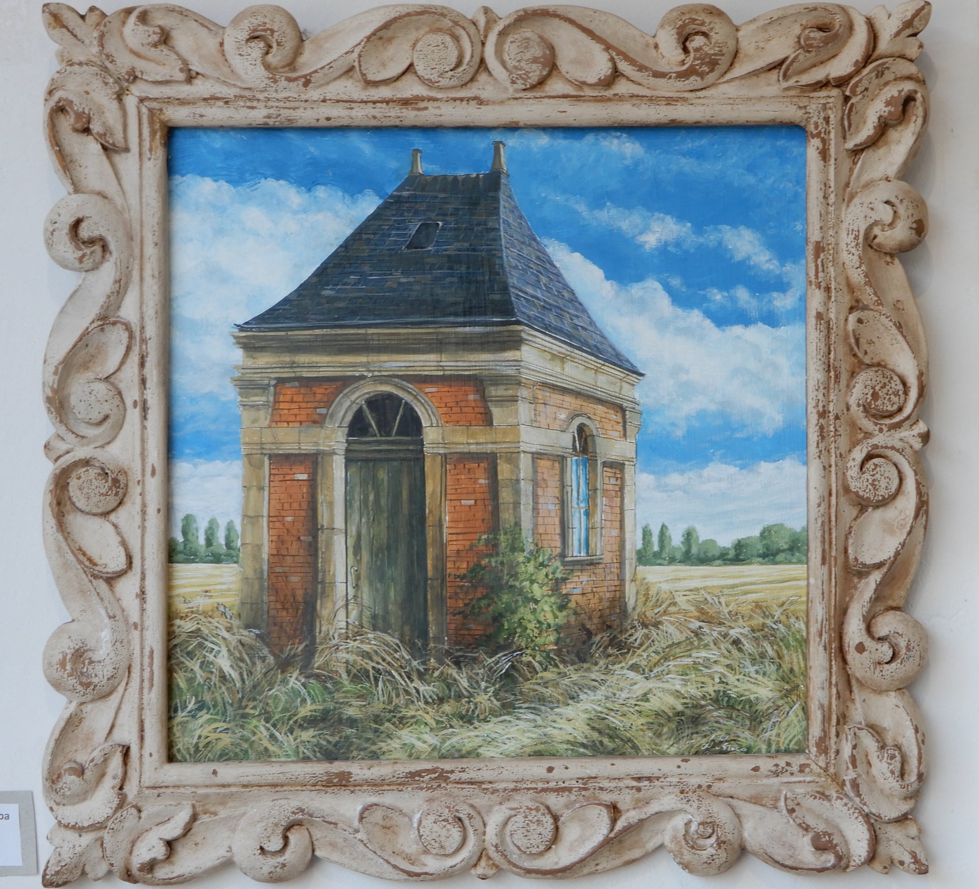 uno di 3 quadri ,i, cornice intagliata in legno, paesaggio della Loira, artista Lorenzo Usicco, casa con mattoni rossi e paesaggio