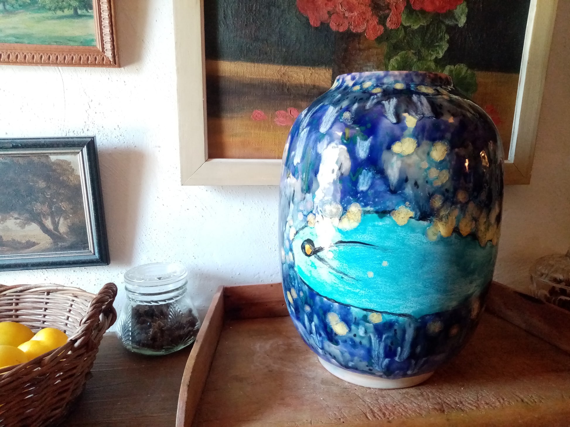 unique Italian product, artistic ceramic, ceramic vase, blue ceramic fish chasing each other