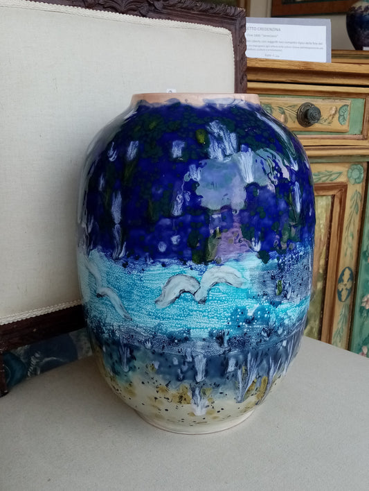 Vaso ceramica gabbiani fatto a mano al tornio - decorazione marina italiana